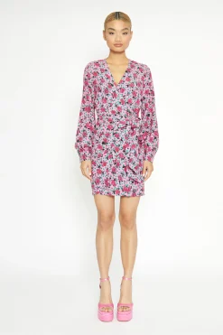 Glamorous Day Dresses|Wrap Dressses|Pink Multi Rose Mini Wrap Dress -