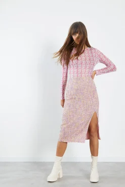 Glamorous Co-ords|Midi & Midaxi Skirts|Pink Multi Tweed Midi Skirt with Side Split -