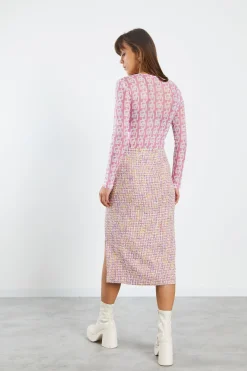 Glamorous Co-ords|Midi & Midaxi Skirts|Pink Multi Tweed Midi Skirt with Side Split -