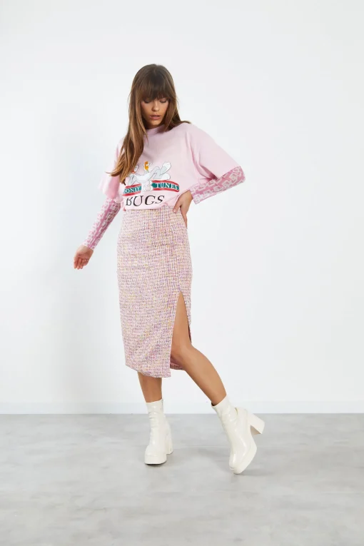 Glamorous Co-ords|Midi & Midaxi Skirts|Pink Multi Tweed Midi Skirt with Side Split -