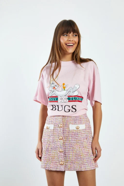 Glamorous Co-ords|Mini Skirts|Pink Multi Tweed White High Waisted Mini Skirt with Contrast -