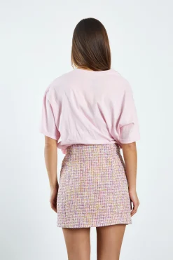 Glamorous Co-ords|Mini Skirts|Pink Multi Tweed White High Waisted Mini Skirt with Contrast -