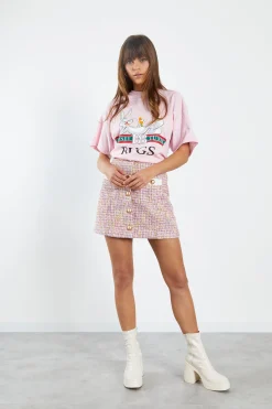 Glamorous Co-ords|Mini Skirts|Pink Multi Tweed White High Waisted Mini Skirt with Contrast -