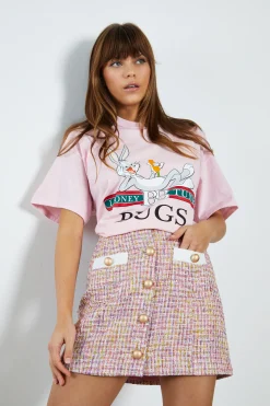 Glamorous Co-ords|Mini Skirts|Pink Multi Tweed White High Waisted Mini Skirt with Contrast -