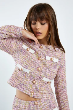 Glamorous Co-ords|Jackets|Pink Multi Tweed White Jacket with Contrast Trim Pockets -