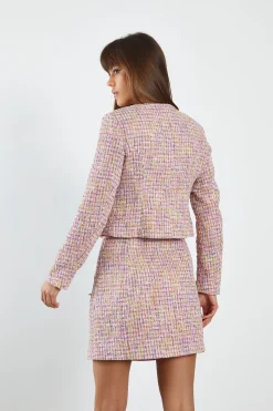 Glamorous Co-ords|Jackets|Pink Multi Tweed White Jacket with Contrast Trim Pockets -