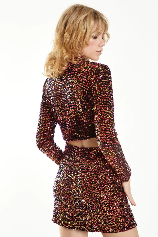 Glamorous Going Out Tops|Go To Partywear|Pink Sequin Velvet Skinny Fit High Neck Top -