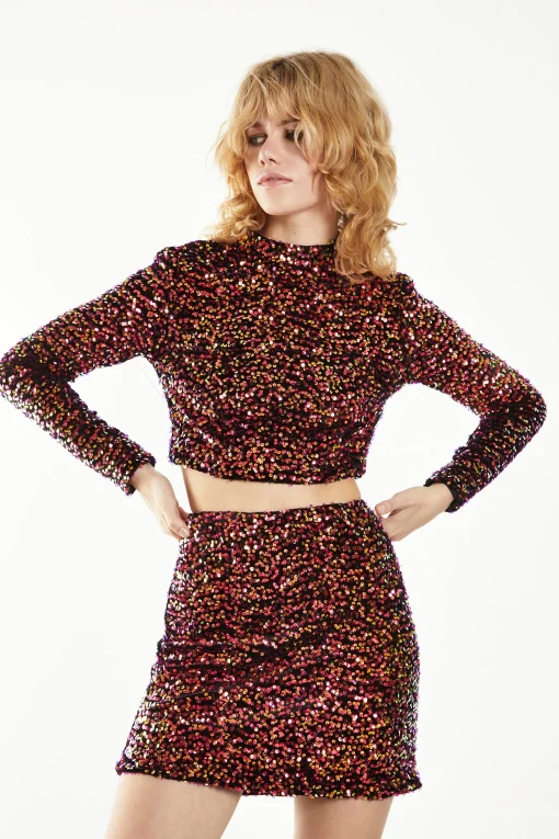 Glamorous Going Out Tops|Go To Partywear|Pink Sequin Velvet Skinny Fit High Neck Top -