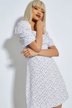 Glamorous Mini Dresses|Mini Dresses|Purple Floral Ditsy Bardot Puff Shoulder Mini Dress -