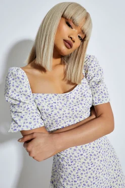 Glamorous Mini Dresses|Mini Dresses|Purple Floral Ditsy Bardot Puff Shoulder Mini Dress -