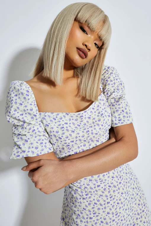 Glamorous Mini Dresses|Mini Dresses|Purple Floral Ditsy Bardot Puff Shoulder Mini Dress -