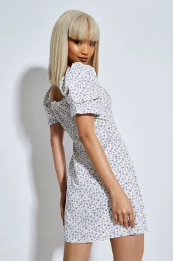 Glamorous Mini Dresses|Mini Dresses|Purple Floral Ditsy Bardot Puff Shoulder Mini Dress -