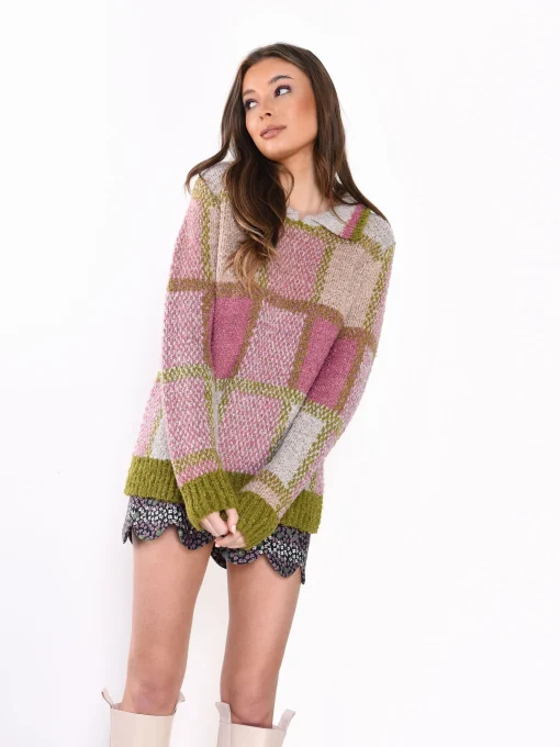 Glamorous Jumpers|Purple Green Multi Collar Detail Knit Jumper -