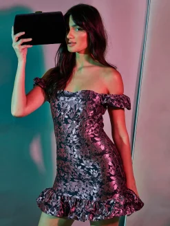 Glamorous Go To Partywear|Mini Dresses|Purple Metallic Brocade Sweetheart Neck Puff Shoulder Ruffle -