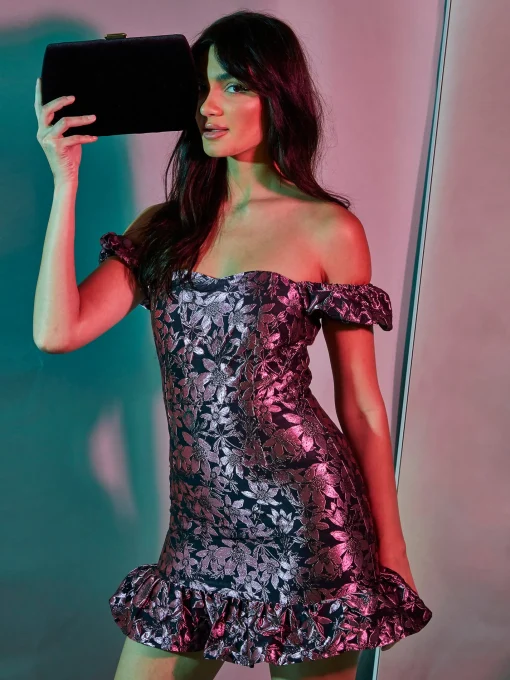 Glamorous Go To Partywear|Mini Dresses|Purple Metallic Brocade Sweetheart Neck Puff Shoulder Ruffle -
