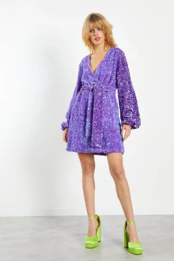 Glamorous Go To Partywear|Party Dresses|Purple Sequin Tie Waist Wrap Mini Dress -