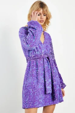 Glamorous Go To Partywear|Party Dresses|Purple Sequin Tie Waist Wrap Mini Dress -