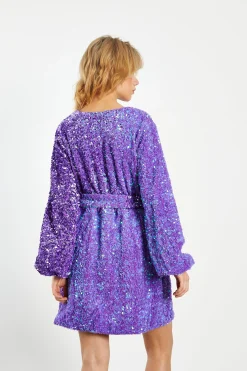 Glamorous Go To Partywear|Party Dresses|Purple Sequin Tie Waist Wrap Mini Dress -