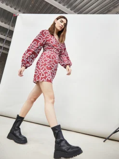 Glamorous Wrap Dressses|Mini Dresses|Red Abstract Print Long Sleeve Wrap Mini Dress -