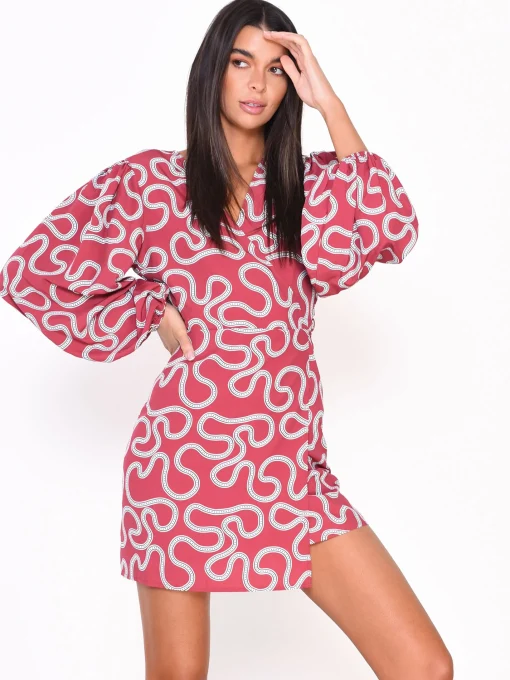 Glamorous Wrap Dressses|Mini Dresses|Red Abstract Print Long Sleeve Wrap Mini Dress -