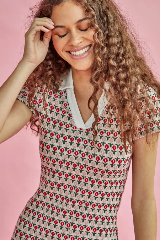 Glamorous Mini Dresses|Mini Dresses|Red Multi Flower Fitted Mini Dress with Collar -
