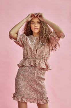 Glamorous Blouses & Shirts|Red Pink Ditsy Statement Collar Blouse with Puff Sleeves -
