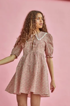 Glamorous Day Dresses|Mini Dresses|Red Pink Ditsy Statement Collar Smocked Mini Dress -