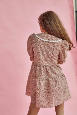 Glamorous Day Dresses|Mini Dresses|Red Pink Ditsy Statement Collar Smocked Mini Dress -