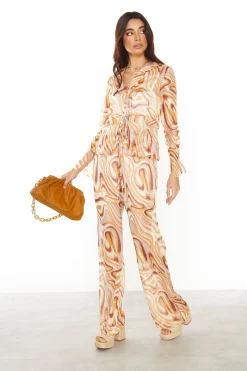 Glamorous Blouses & Shirts|Retro Marble Tie Front Ruffle Sheer Blouse -