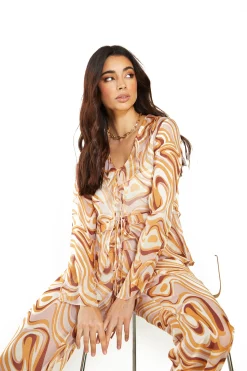 Glamorous Blouses & Shirts|Retro Marble Tie Front Ruffle Sheer Blouse -