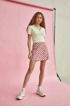 Glamorous Mini Skirts|Rose Checkerboard Flower High-Waisted Mini Skirt with front -