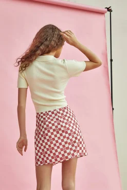 Glamorous Mini Skirts|Rose Checkerboard Flower High-Waisted Mini Skirt with front -
