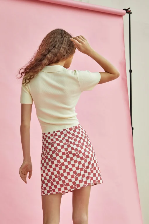 Glamorous Mini Skirts|Rose Checkerboard Flower High-Waisted Mini Skirt with front -