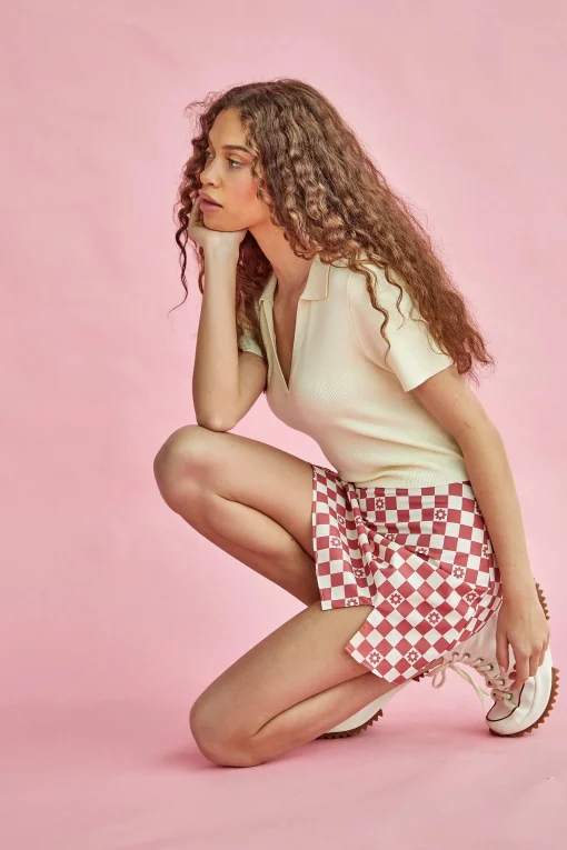 Glamorous Mini Skirts|Rose Checkerboard Flower High-Waisted Mini Skirt with front -