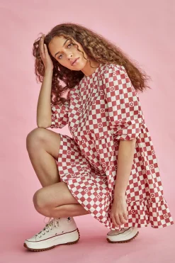 Glamorous Mini Dresses|Mini Dresses|Rose Checkerboard Flower Crew Neck Mini Dress -