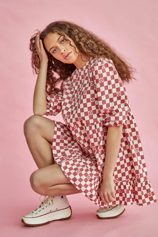 Glamorous Mini Dresses|Mini Dresses|Rose Checkerboard Flower Crew Neck Mini Dress -
