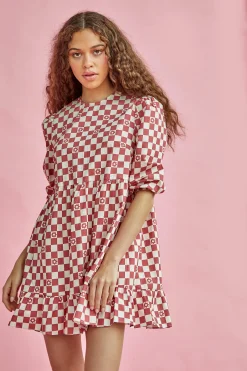 Glamorous Mini Dresses|Mini Dresses|Rose Checkerboard Flower Crew Neck Mini Dress -