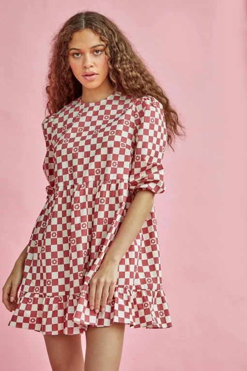 Glamorous Mini Dresses|Mini Dresses|Rose Checkerboard Flower Crew Neck Mini Dress -