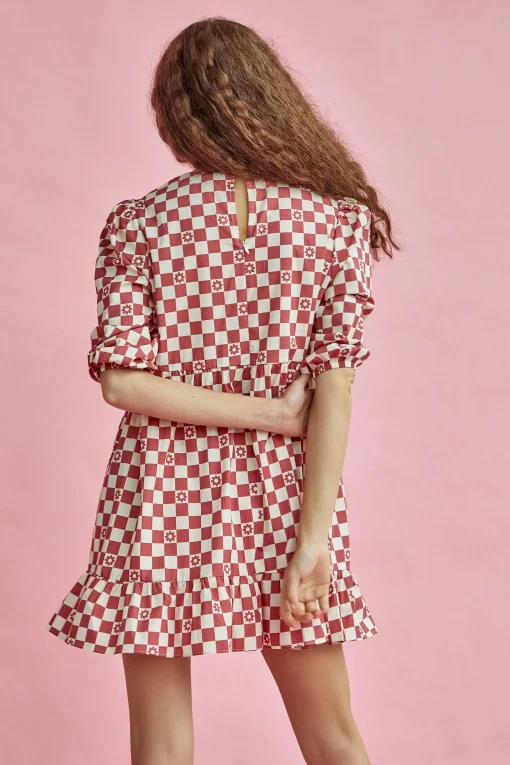 Glamorous Mini Dresses|Mini Dresses|Rose Checkerboard Flower Crew Neck Mini Dress -