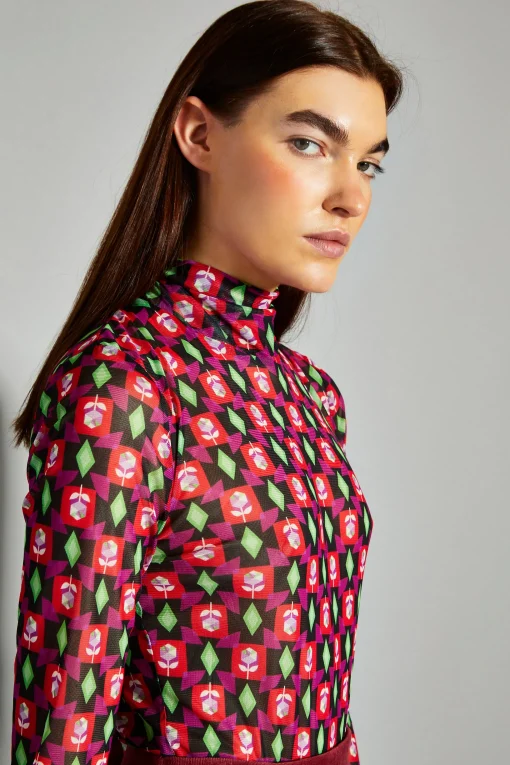 Glamorous Crops, Corsets & Bodysuits|Rose Multi Geo Print Mesh High Neck Bodysuit -