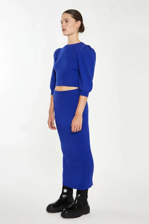 Glamorous Co-ords|Knitted Co-ords|Royal Blue Knitted Midi Skirt -