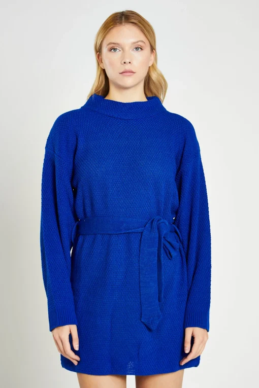 Glamorous Day Dresses|Knitted Dresses|Royal Blue Knitted Mini Dress with Tie Belt -