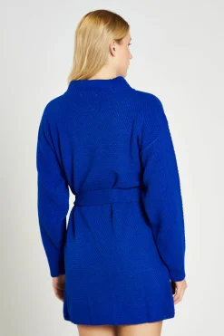Glamorous Day Dresses|Knitted Dresses|Royal Blue Knitted Mini Dress with Tie Belt -