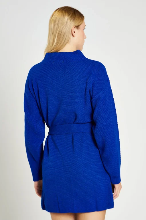 Glamorous Day Dresses|Knitted Dresses|Royal Blue Knitted Mini Dress with Tie Belt -