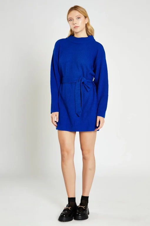 Glamorous Day Dresses|Knitted Dresses|Royal Blue Knitted Mini Dress with Tie Belt -