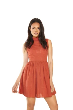 Glamorous Mini Dresses|Mini Dresses|Rust High Neck Sleeveless Skater Mini Dress -