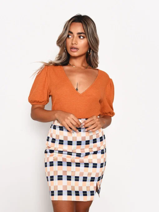 Glamorous Crops, Corsets & Bodysuits|Rust Short Volume Sleeve V-Neck Bodysuit -