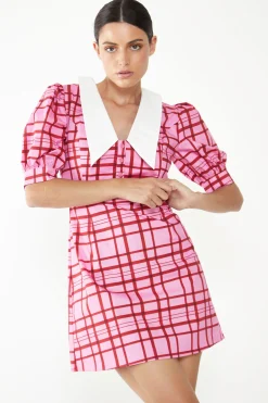 Glamorous Mini Dresses|Mini Dresses|Short Puff Sleeve Pink Red Grid Check Mini Dress with Collar -
