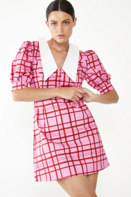 Glamorous Mini Dresses|Mini Dresses|Short Puff Sleeve Pink Red Grid Check Mini Dress with Collar -