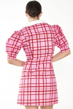 Glamorous Mini Dresses|Mini Dresses|Short Puff Sleeve Pink Red Grid Check Mini Dress with Collar -